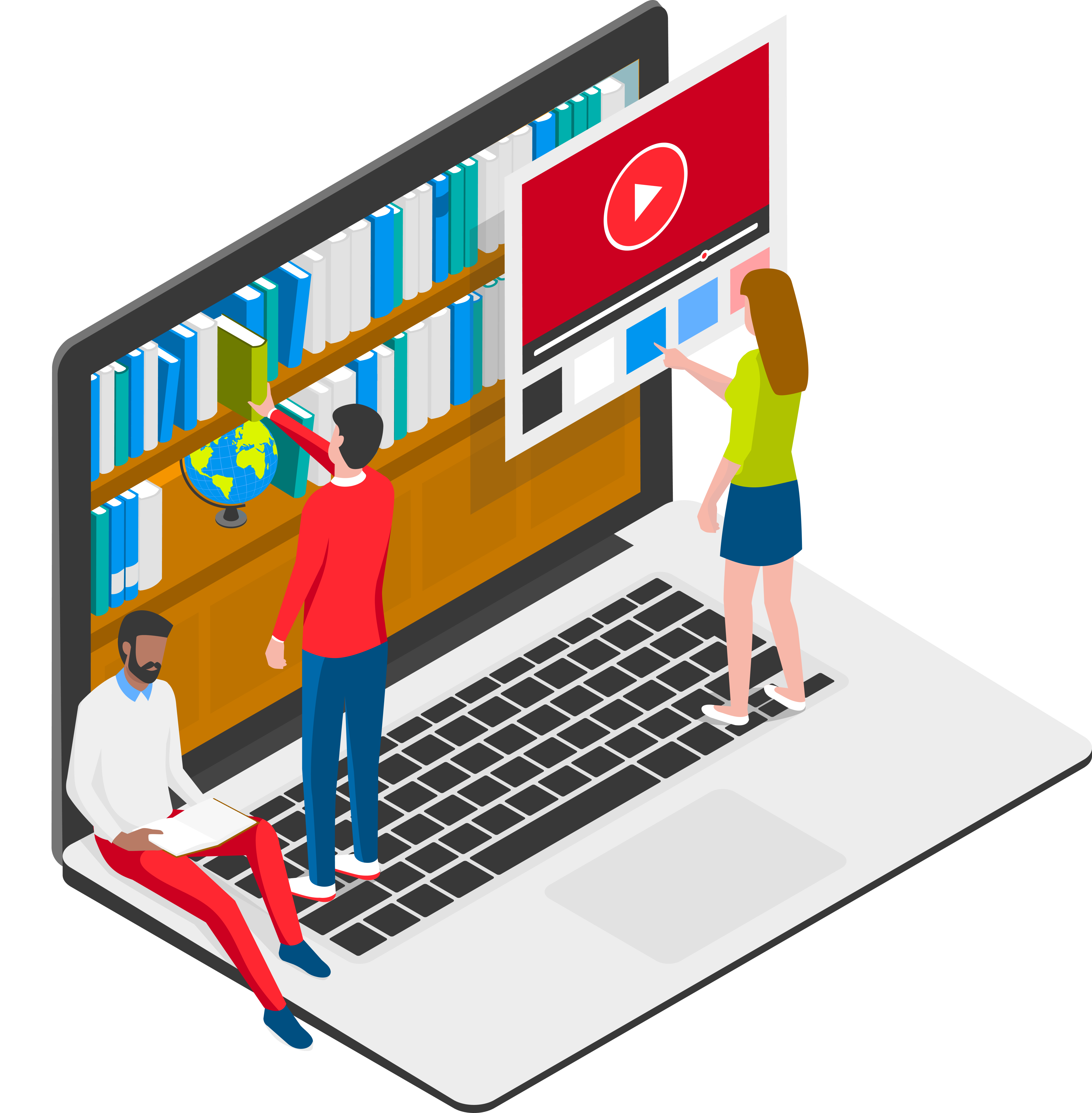 illustration of people standing on laptop keys and looking through books and videos