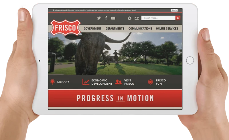 Frisco, Texas website homepage displayed on a tablet