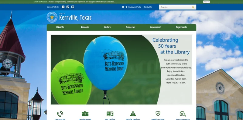 Kerrville, Texas website screenshot - with library 50 year celebration photo