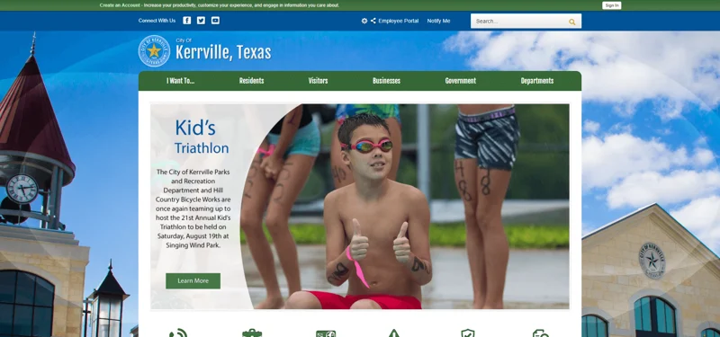 Kerrville, Texas website screenshot - with kids' triathlon photo