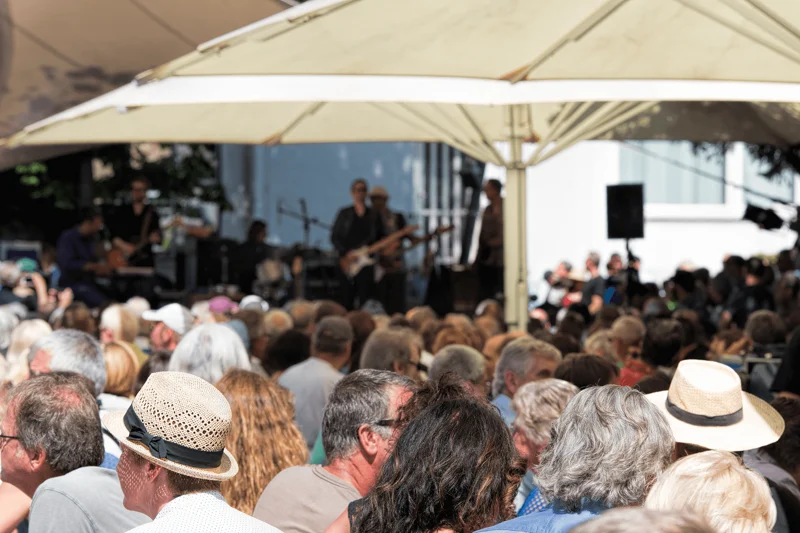 crowd listening to an outdoor concert